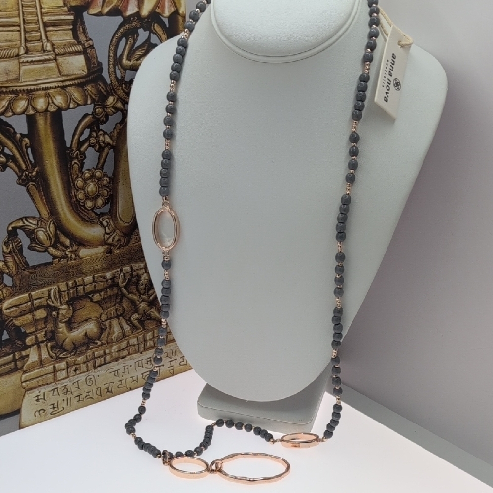 Anna Nova Gray and Rose Gold Beaded Necklace with Circular Pendant